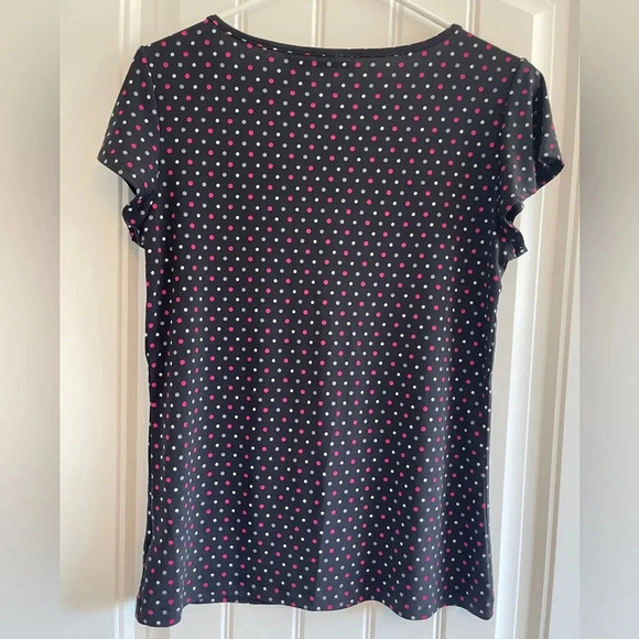 East 5th Black Scoop Neck Flutter Sleeve Blouse with Pink & White Polka Dots - Picture 2 of 4